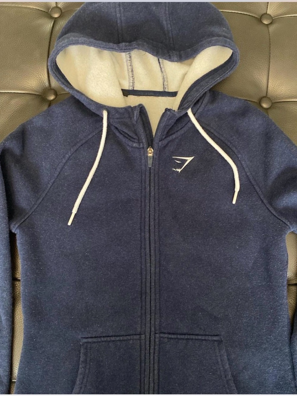 Gymshark Navy Zip Front Hoodie with Cream Lining and White Drawstrings
